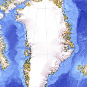 Kort over Grønland med hav omkring.