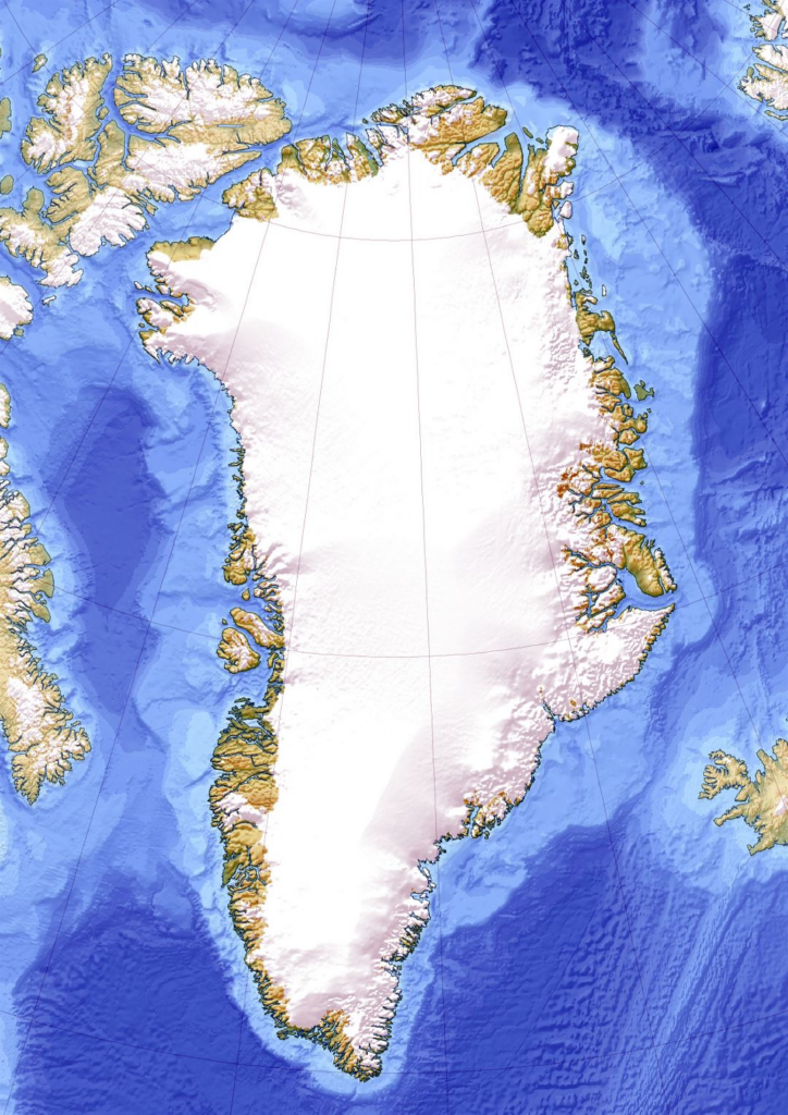 Kort over Grønland med hav omkring. 